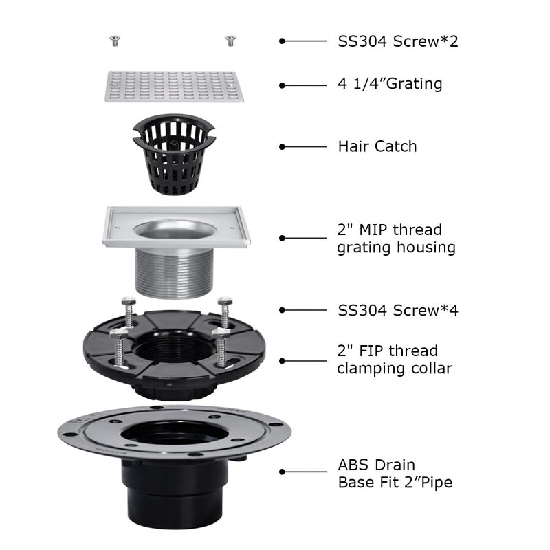 UNI-Drain 4-1/4 Square Floor Shower Drain with Flange, Shower Floor Drain Base Low Profile, Stainless Steel Shower Drain kit, Shower Drain kit Grid Nickel Brushed & CUPC Certified - Image 3